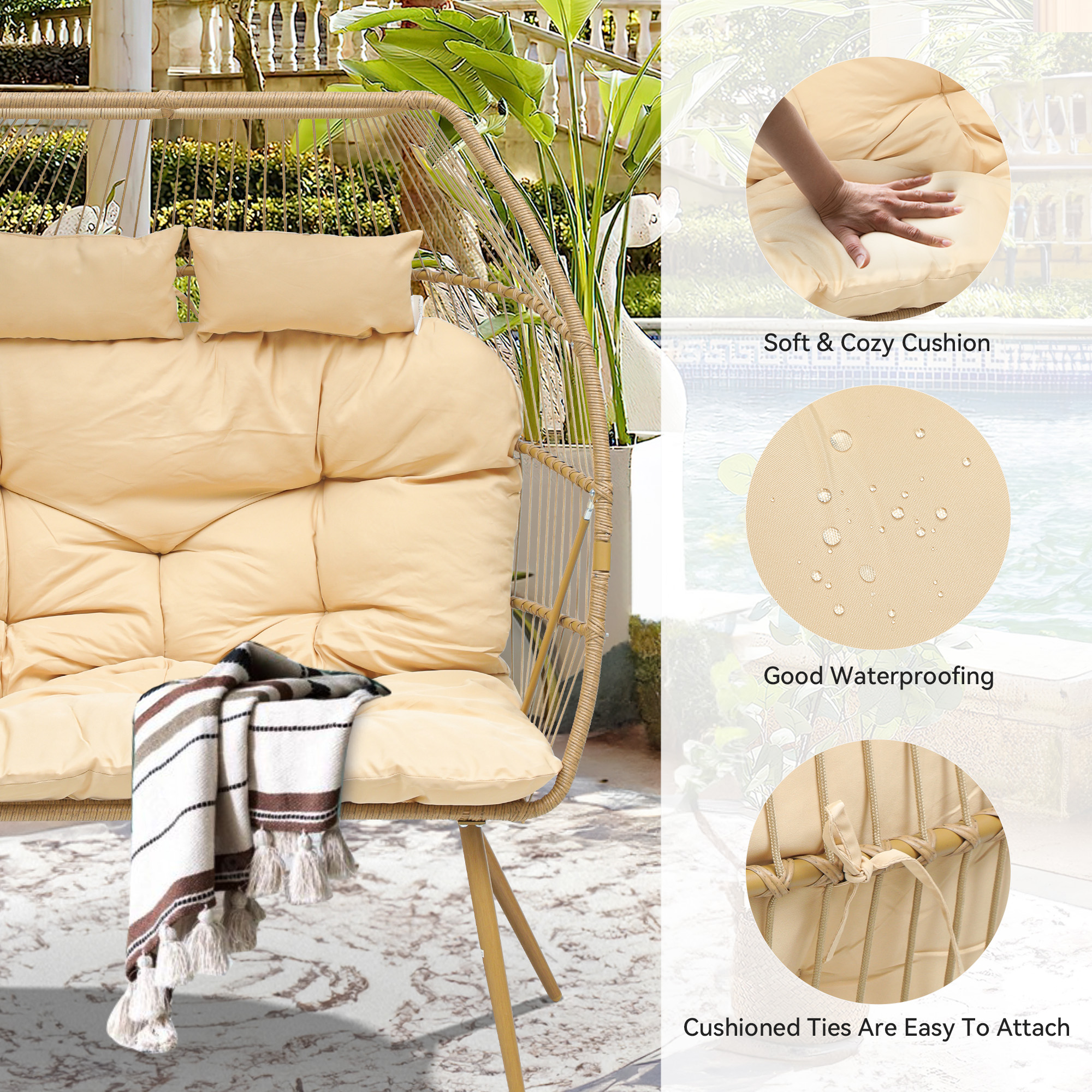 Dextrus Double Egg Chair with Legs 2 Person Wicker Egg Chair Indoor Outdoor Patio Egg Chair with Cushions 510lbs for Patio, Bedroom, Garden and Balcony, Beige