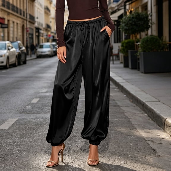 Usloyux Women's Plus Size Harem Pants Elastic Waist Flowy Casual Lounge Long Pants Loose Fit Solid Basic Streetwear Loungewear Vacation, Black L