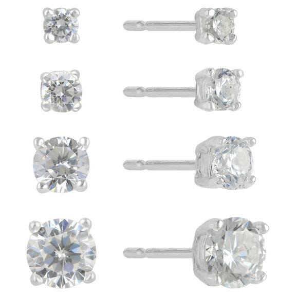 Brilliance Fine Jewelry Women's Simulated Diamond 4 Pair Round Earrings in Sterling Silver