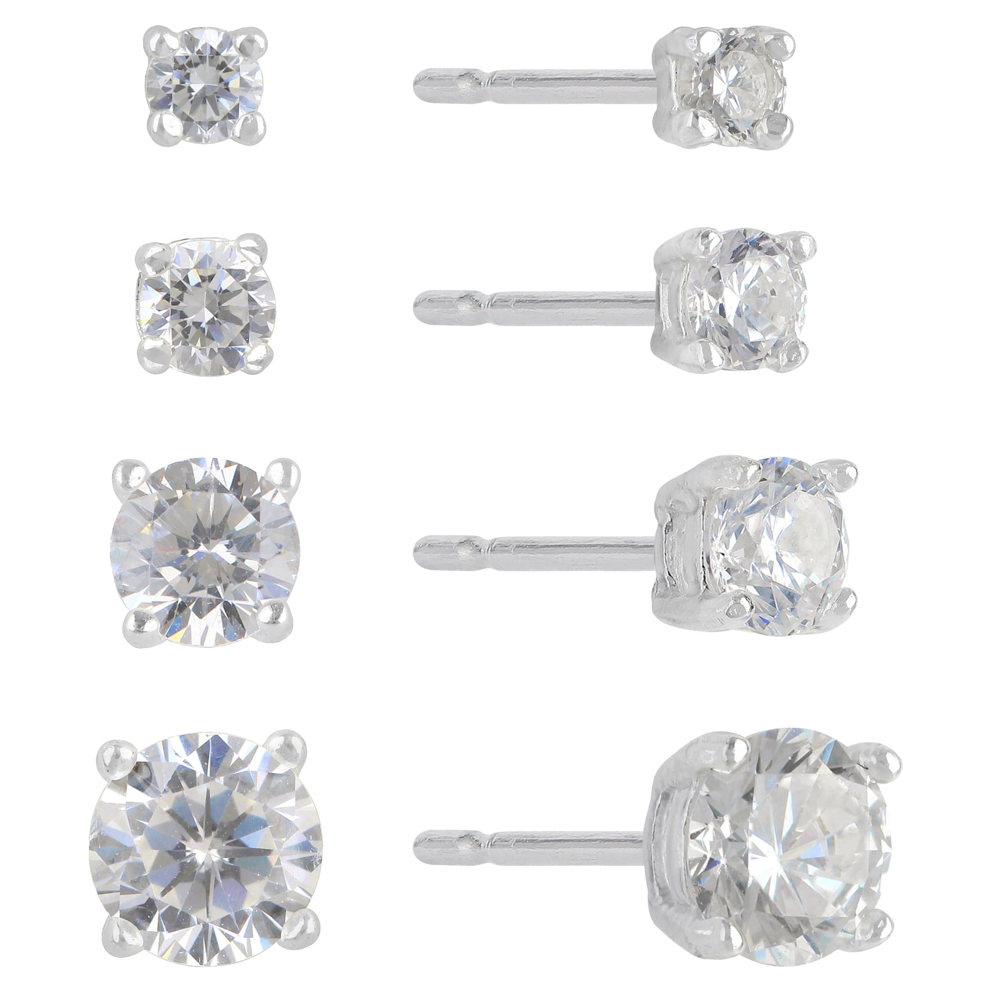 Brilliance Fine Jewelry Women's Simulated Diamond 4 Pair Round Earrings in Sterling Silver