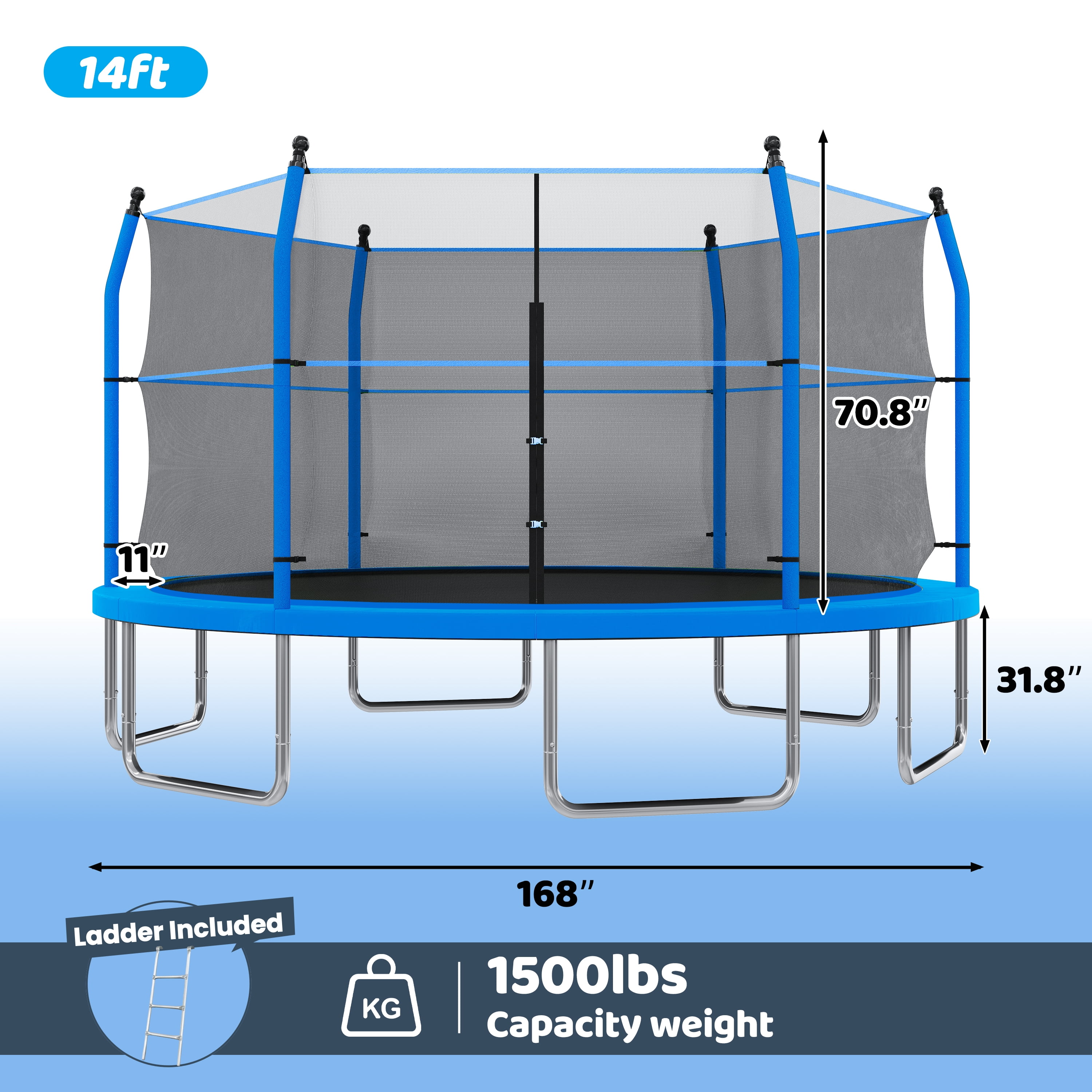 EUROCO 14FT Trampoline with Enclosure Net and Ladder for Backyard, 14' Round Outdoor Trampoline for Kids and Adults