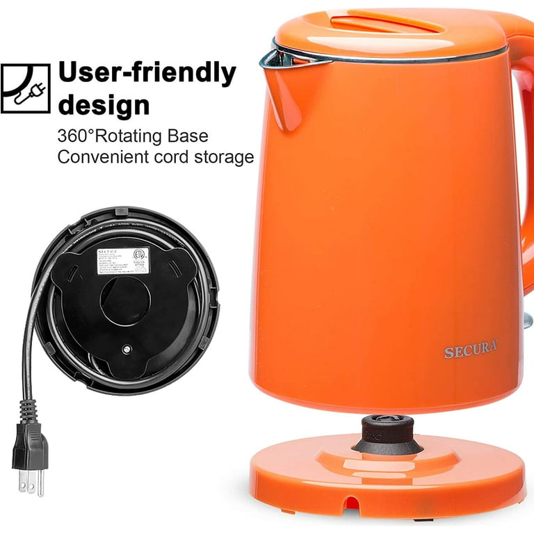 Secura Stainless Steel Double Wall Electric Kettle Water Heater for Tea  Coffee w/Auto Shut-Off and Boil-Dry Protection, 1.0L (Orange)