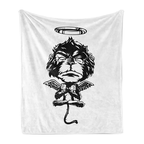 Gorilla Soft Flannel Fleece Blanket, Illustration of a Creative Angelic Monkey with Wings Furry Grumpy Creature, Cozy Plush for Indoor and Outdoor Use, 70" x 90", Charcoal Grey White, by Ambesonne