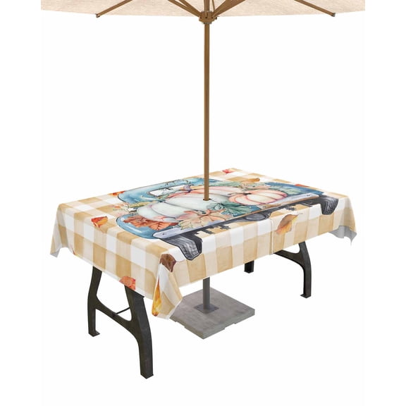 Outdoor Tablecloth with Umbrella Hole for Patio/Picnic/Party/Camping, Fall Pumpkins Truck Waterproof Table Cloth Rectangle Table Cover Washable, Orange Plaid Thanksgiving Maple Leaf (60"x 102")