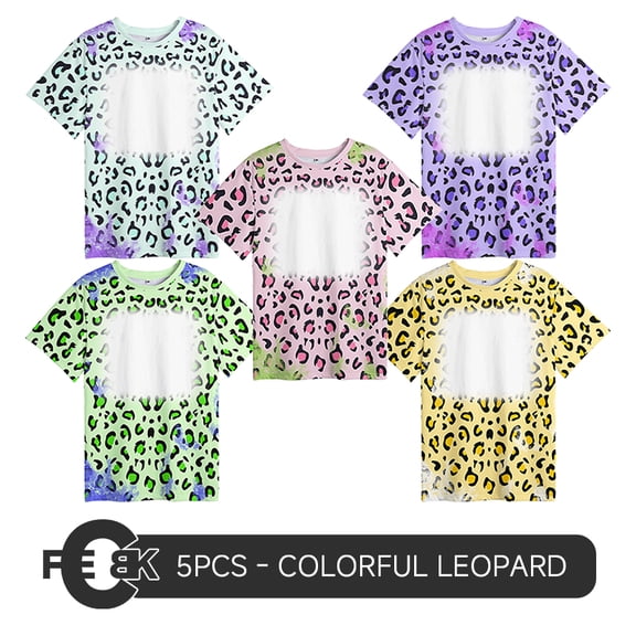 AGH 5pcs Sublimation Blank Colorful Bleached Faux Crewneck T-Shirt, Single Size Mix Colors Pack, Leopard Sports Hot Fashing Design Base Stripe Shirts for Heat Transfer Print