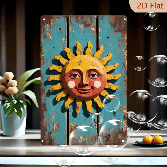 8x12 Inches Rustic Handcrafted Sun Wall Decor, Folk Art Metal Tin Sign with Warm Orange Face and Yellow Rays on Weathered Turquoise Blue Wood Background, Vintage Outdoor Farmhouse Art for Home Garden