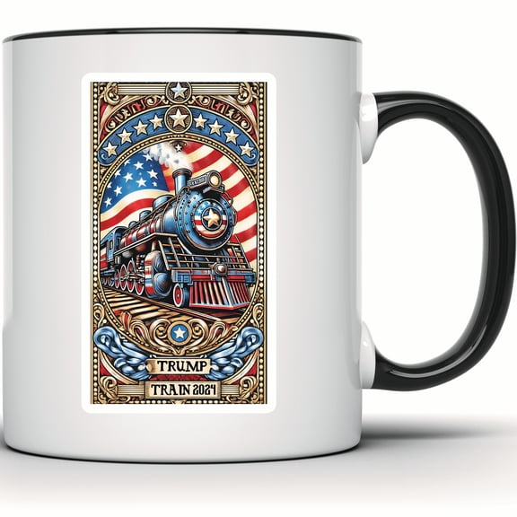 Trump Train 2024 Mug - American Flag Locomotive, Patriotic Political USA Gift Mug, Novelty Trendy Train Coffee Cup - 11 Ounce Black Rim Handle Novelty Coffee Cup - WMUG0618-Black Rim