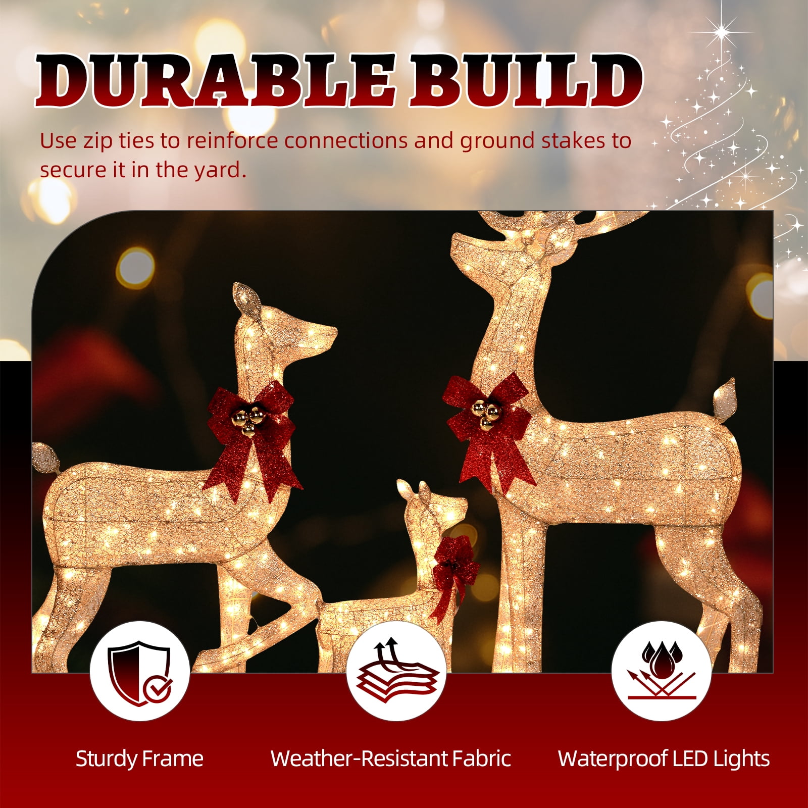Astoutdoor 3-Piece Lighted Christmas Reindeer Family Set, Pre-Lit 290 LED Warm White Lights, White, Indoor Outdoor Holiday Decoration