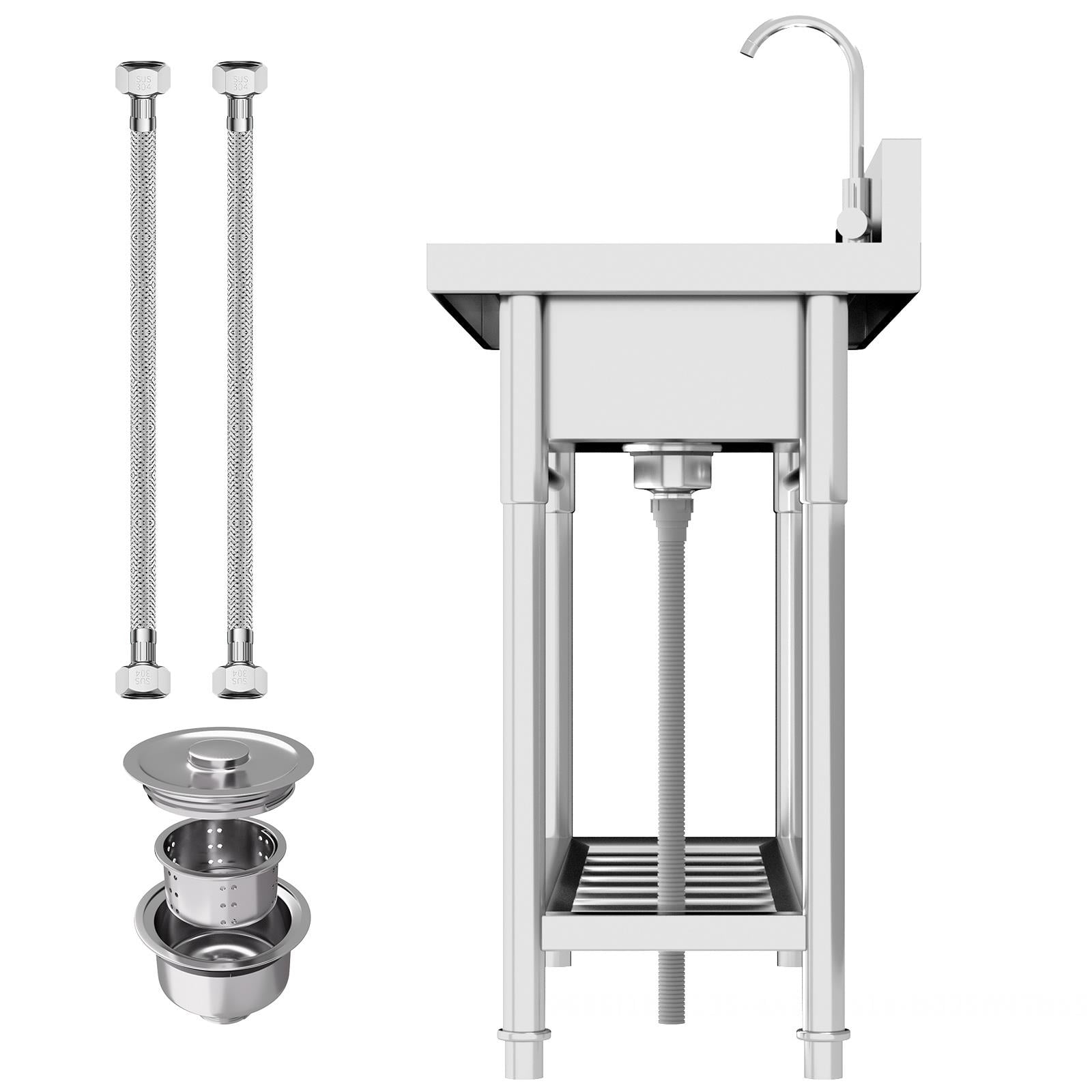 Stainless Steel Commercial Sink, Freestanding Single High Capacity Utility Sinks, with Pull-Out Faucet & Storage Shelf, for Kitchen, Laundry Room, Garage, Outdoor Garden – 47.3" x 18.5" x 33.6"