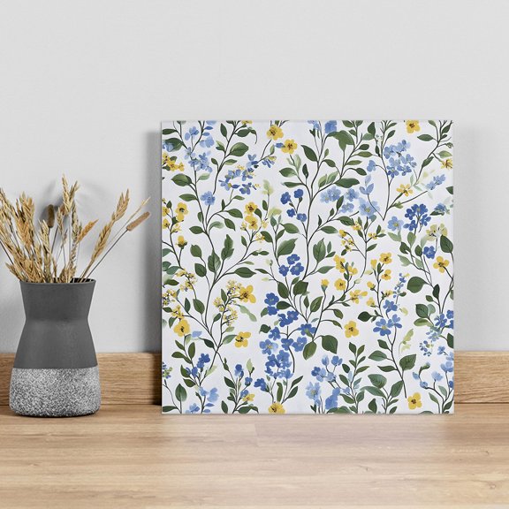 Blue Yellow Floral Spring Wall Art Painting on Canvas, Green Pastoral Summer Botanical Canvas Art Home Prints Wall Art Framed Modern Artwork for Living Room Bedroom Wall Decor 8x8in