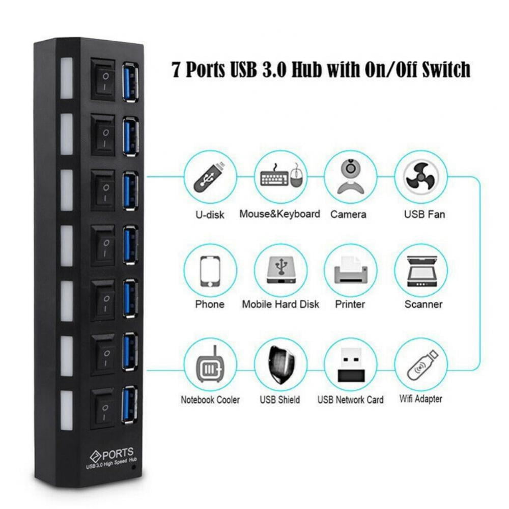 USB Hub 3.0 Splitter, 7-Ports USB Adapter with Individual ON/Off Switches and LEDs, Multi-Port USB Data Hub for PC, Mac, Laptop, Surface, and More