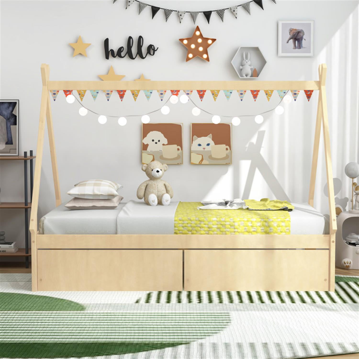Demi Bonn Twin Size Wooden Tent Platform House Bed Frames with 2 Drawers for Teens, Beige
