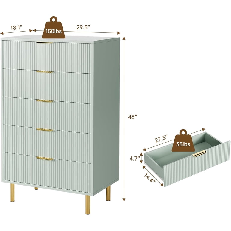 Green Dresser, Modern 5 Drawer Dresser for Bedroom with Gold Handle and Large Drawer, Wood Double Chest of Drawers and Storage Organizer Green Dresser, Modern 5 Drawer Dresser for Bedroom with Gold Handle and Large Drawer, Wood Double Chest of Drawers and Storage Organizer