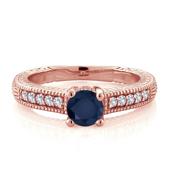 Gem Stone King 18K Rose Gold Plated Silver Blue Sapphire and White Created Sapphire Women's Solitaire Ring with Accent Stones (0.75 Cttw, Round Shape 5MM, Size 5)