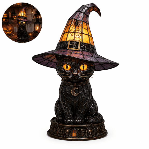 Halloween Black Cat Table Lamp, Resin Witch Hat Night Light, Stained Glass Style, 11.8 in, Style A, for Mantel Shelf Decor