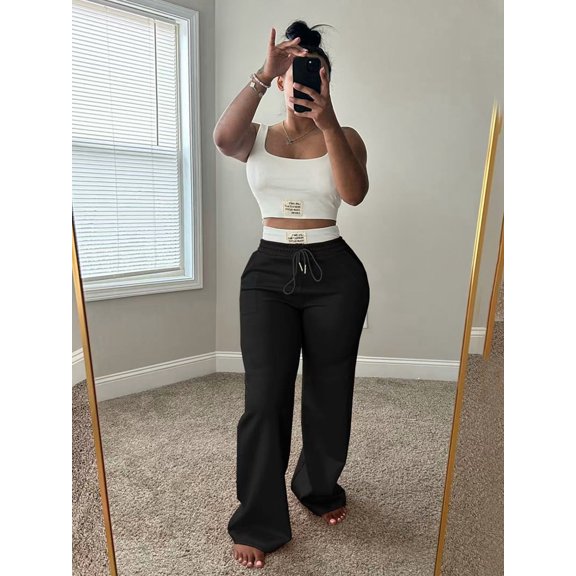Womens Color Block Double Waistband Oversized Streetwear Pants Two Piece Set Casual