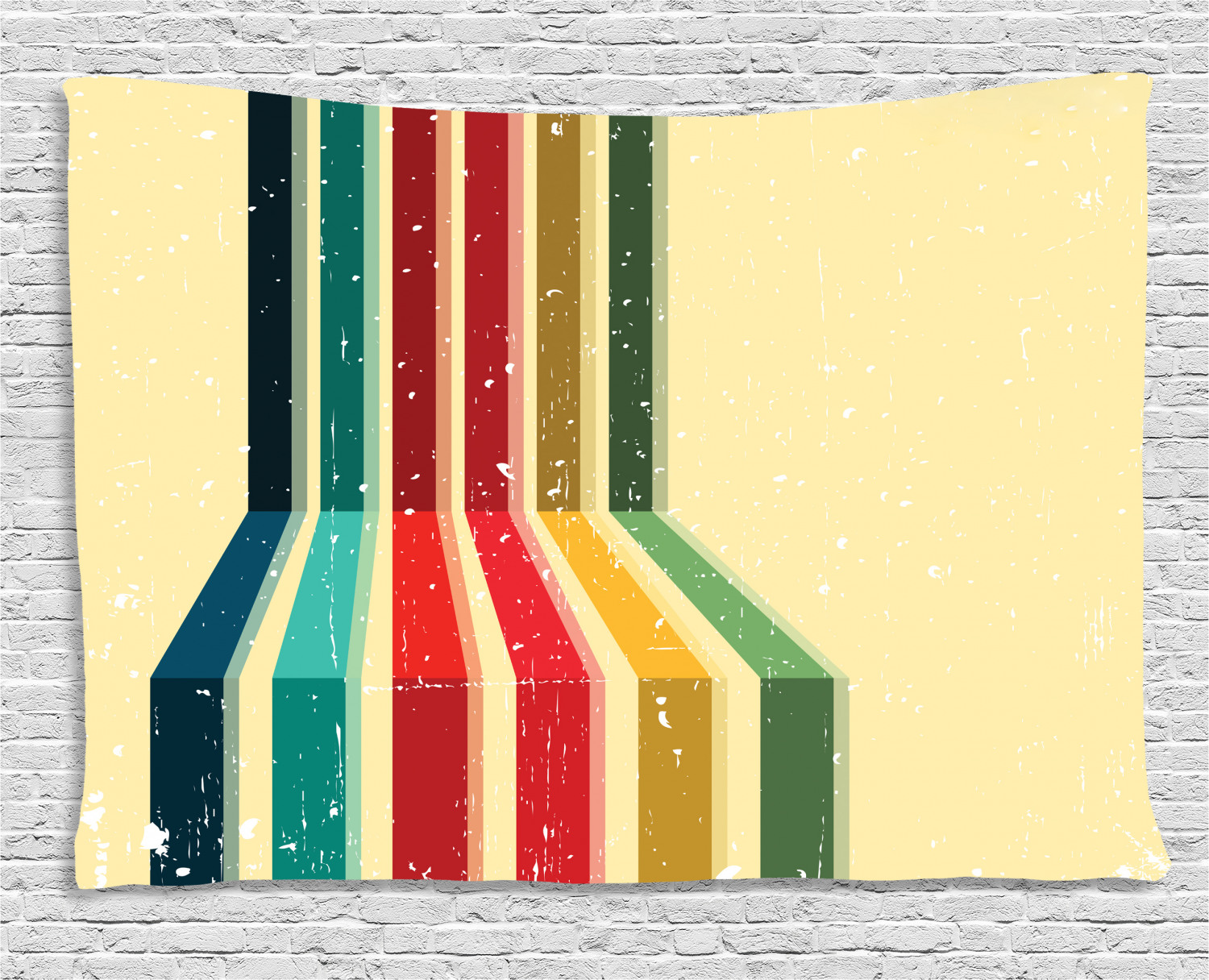 Vintage Rainbow Tapestry, Vertical Colored Stripes with Grunge Effect