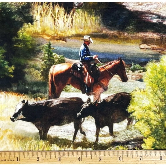 1/2 Yard - Cowboy Horses & Cows Scenic Laurie Lee Cotton Fabric (Great for Quilting, Sewing, Craft Projects, Throw Pillows & More) 1/2 Yard X 44" Wide