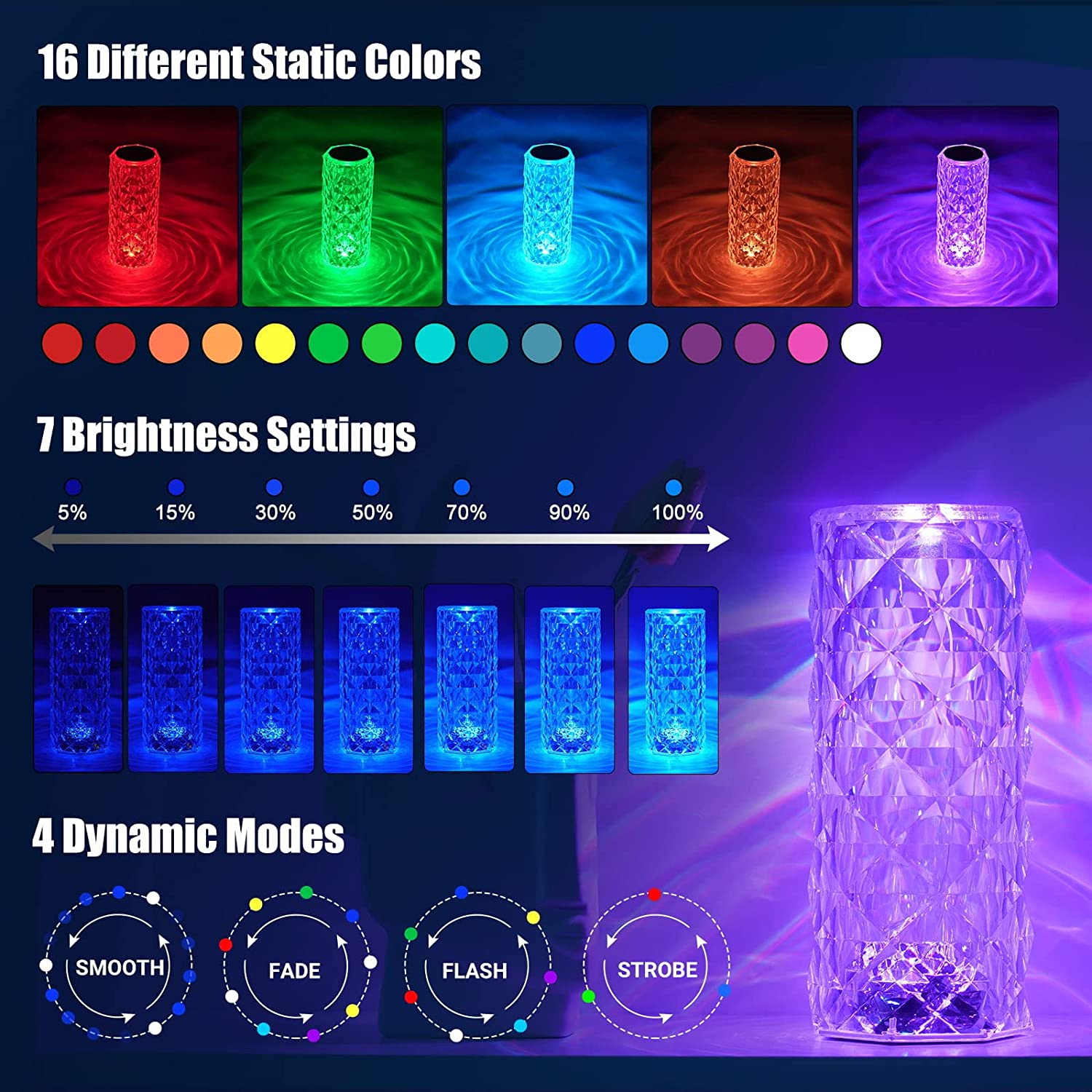 KU XIU Touch Crystal Lamp 16 Colors RGB Changing Crystal Table Lamp,Rose Diamond Acrylic Table Lamp with Remote Control & USB Port for Bedroom Bar - image 2 of 14