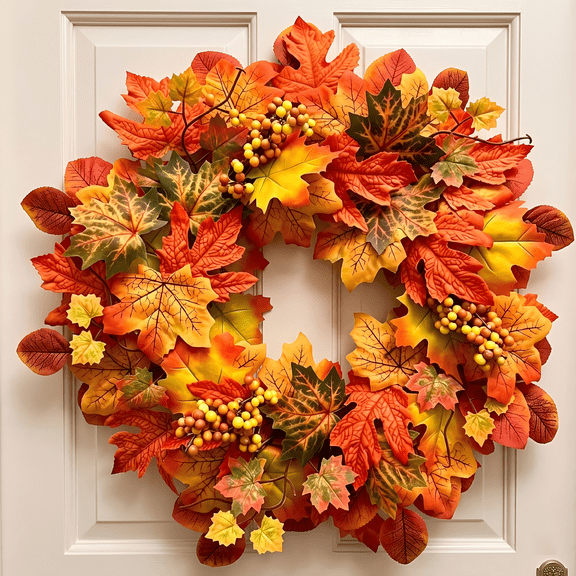Fall Wreath Maple Leaf Fall Wreaths for Front Door Fall Decoration Artificial Wreaths with Vibrant Maple Leaves & Berry Clusters for Fall Home Wall Indoor Outdoor Decor