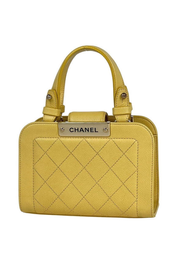 Pre-Owned CHANEL Logo Mini Handbag, Leather, Yellow, Women's