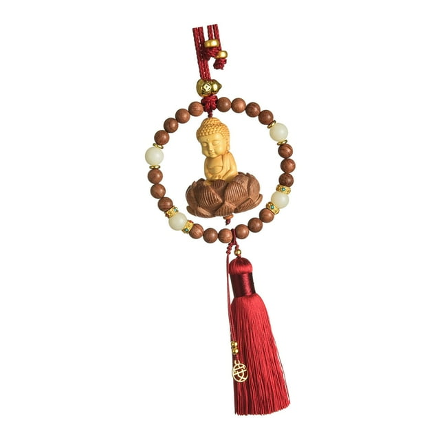 Almencla Buddha Statue Breloque de Rétroviseur de Voiture Pendentif avec Pompon Décor Feng Shui Rouge avec Perles Entretoises