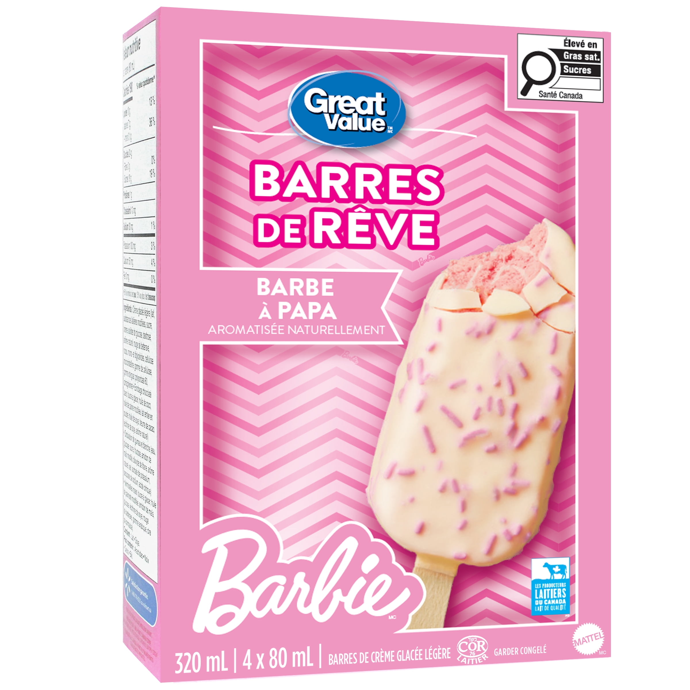 Great Value Barbie Naturally Flavoured Cotton Candy Light Ice Cream Bars, 4 x 80 mL