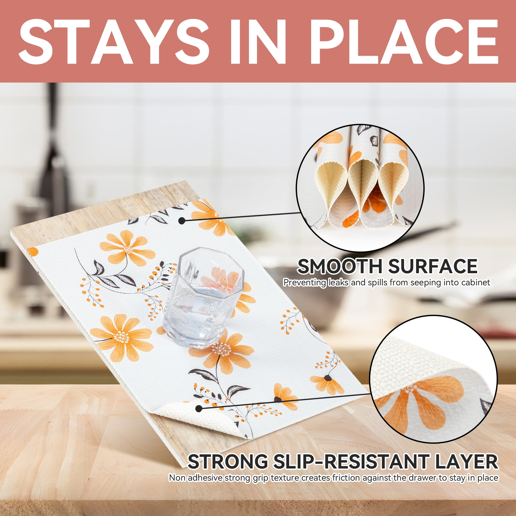 RAY STAR Shelf Cabinet Liner, 18inx8FT Drawer Liners Non-Adhesive Non Slip Shelving Liner for Kitchen Cabinets