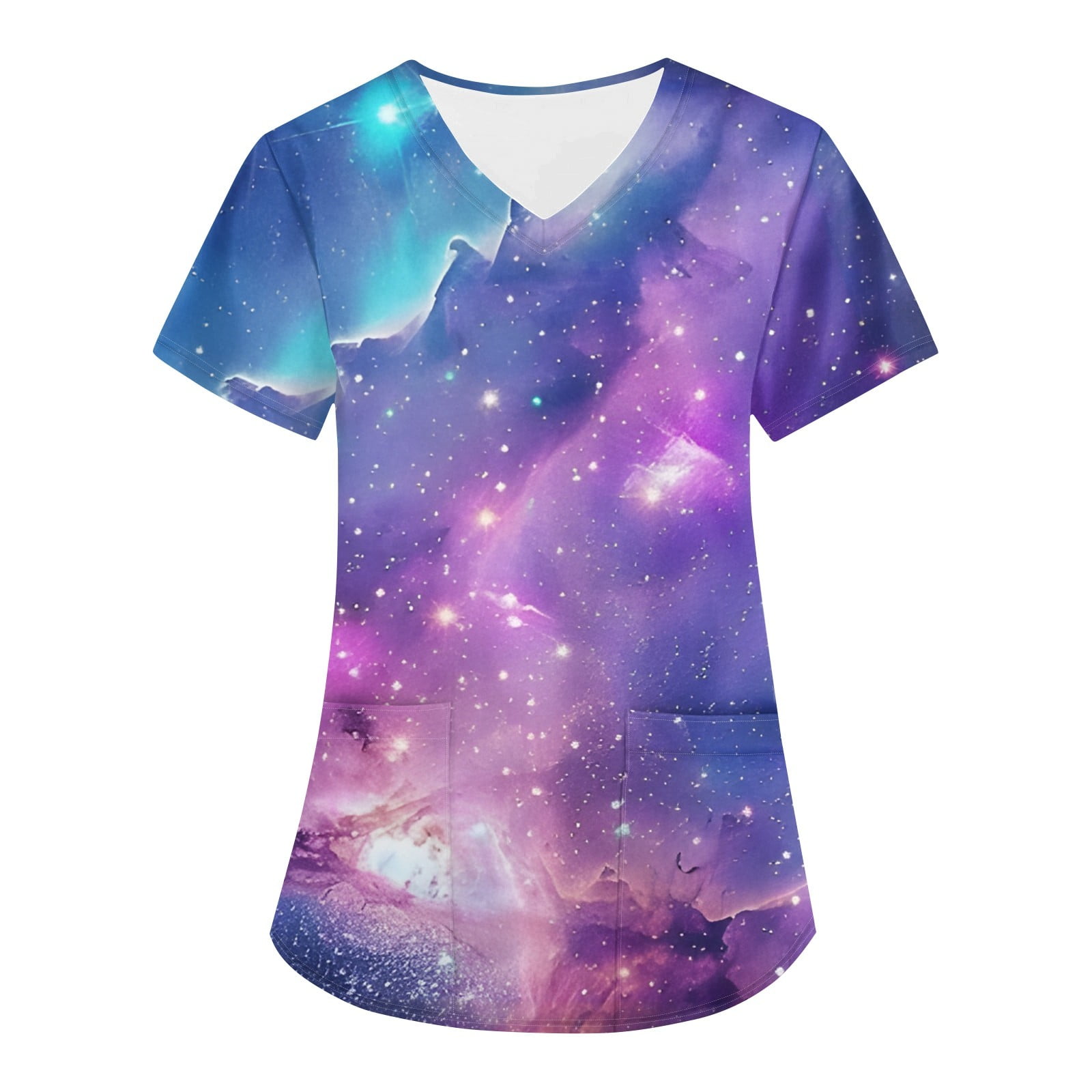 SAATLERI Scrubs for Women Funny Galaxy Print Scrub Tops Women Plus Size Stretch Short Sleeve V Neck Nursing Tops with Pockets