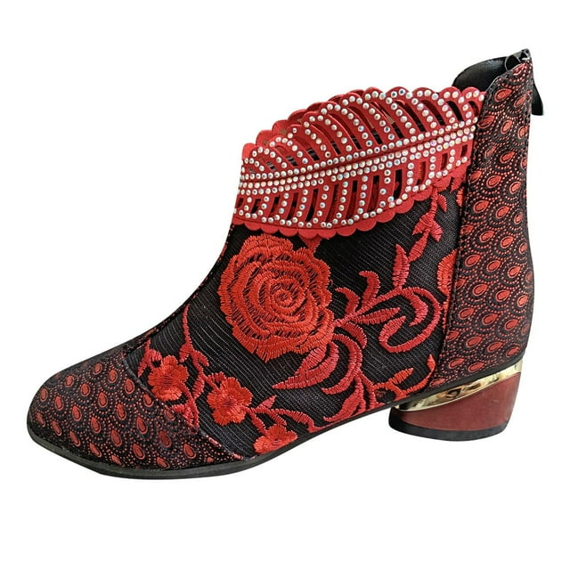 jsaierl Bottes pour Femmes Rétro Brodées avec Strass Talon Épais Bottes Grande Taille