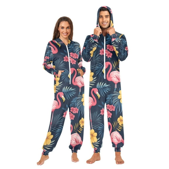 FORMRS Onesies Pajama for Adults Unisex Hoodie Winter Jumpsuit One Piece Sleepwear, Sizes S-2XL, Red Floral Flamingo