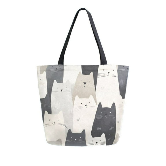 FORMRS Womens Canvas Tote Bag with Zipper Inner Pocket Shoulder Handbag, White Cute Cats
