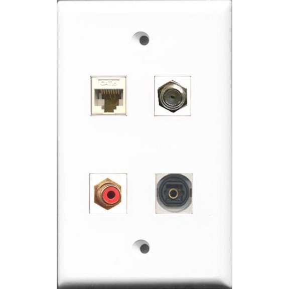 RiteAV 1 Port RCA Red and 1 Port Coax Cable TV- F-Type and 1 Port Toslink and 1 Port Cat6 Ethernet White Wall Plate