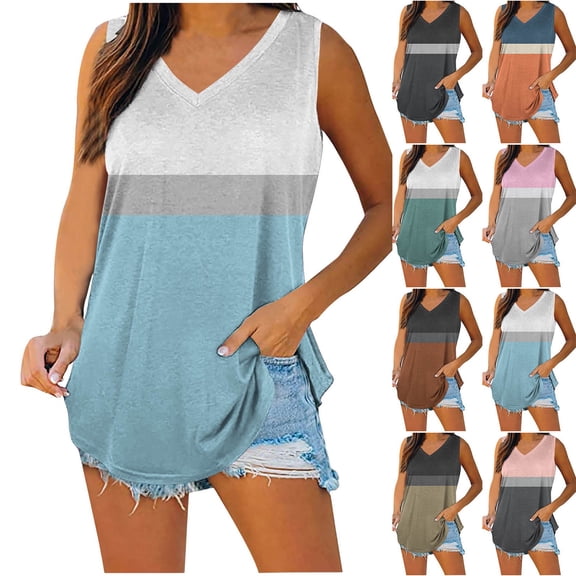 LIBRCLO Womens Tank Tops Casual Color Block V Neck Sleeveless Shirts Summer Striped Tops