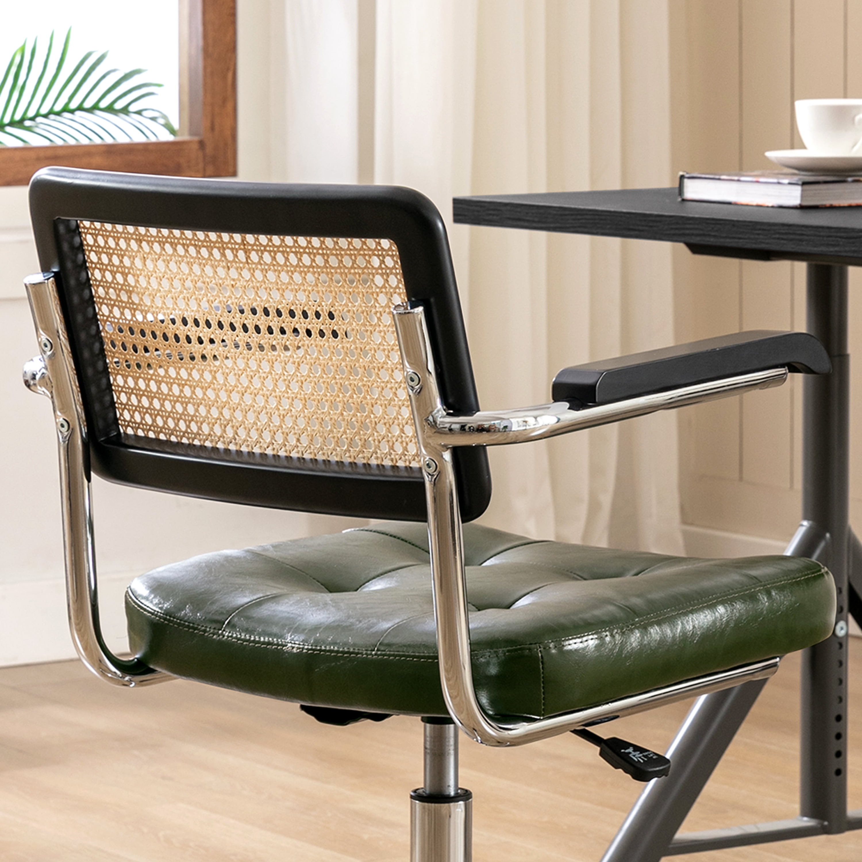 ONEVOG Tufted Leather Desk Chair, Swivel Home Office Chair with Rattan Back, Upholstered Vanity Chair with Arm, Adjustable Height Computer Task Chair, Green