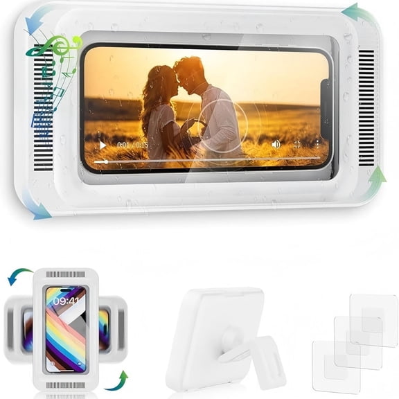 TOCHIO Shower Phone Holder Waterproof with Speaker Hole  Shower Phone Stand Case Mount for Bathroom Bathtub Kitchen Wall Mirror for iPhone16 15 14 13 12 11 Pro XS XR Max (White)