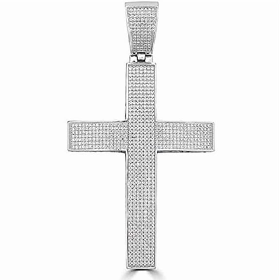 925 Sterling Silver 14K White Gold Finish Round Cut White Diamond Iced Religious Cross 2"Inches Pendant For Men's