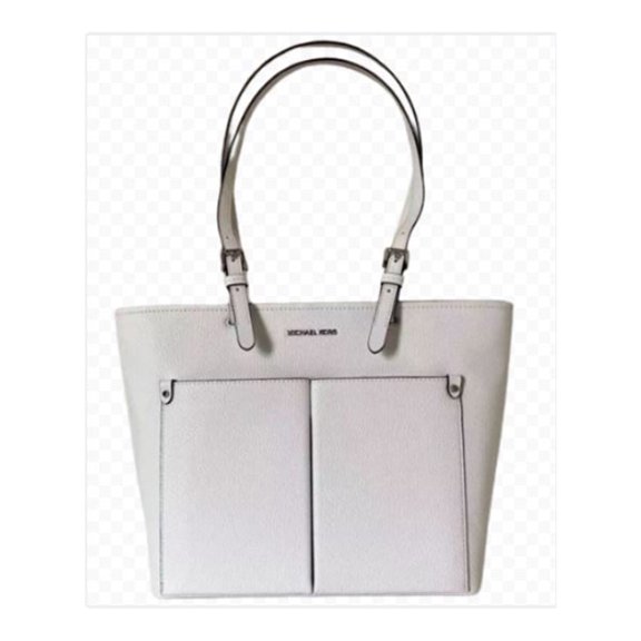 Open Box Michael Kors Women's Jet Set Medium Vegan Leather Top Zip Pocket Tote Bag (Optic White)