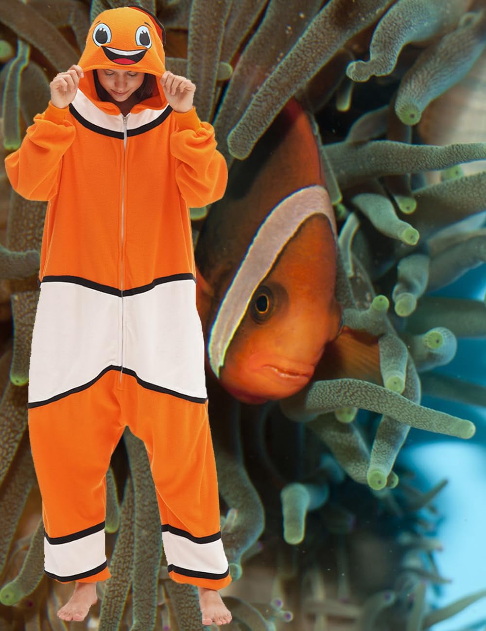 Clownfish Costume Adult Animal Onesie Pajamas Halloween Cosplay Hooded Homesuit Jumpsuit for Women Men