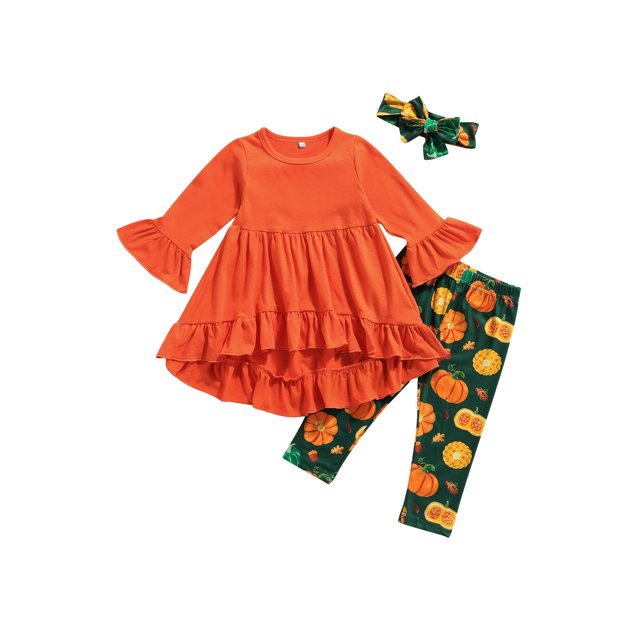 FOCUSNORM Kids Tracksuit Flared Sleeve Blouse+Pumpkin Print Pants+Hairband