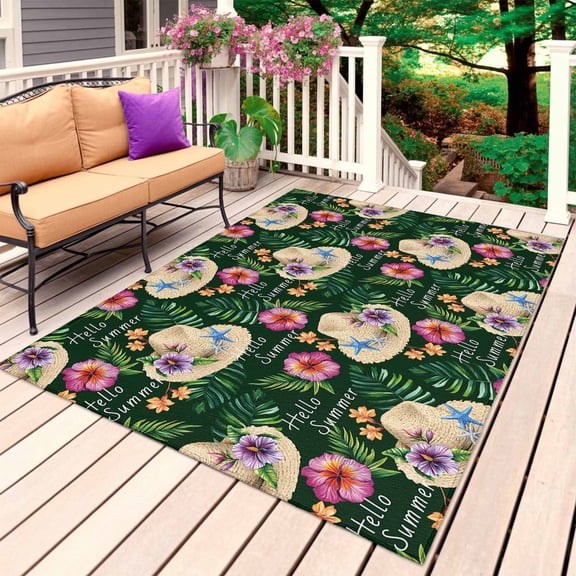 Tropical Flower Outdoor Rug for Patio/Deck/Porch, Non-Slip Large Area Rug 6 x 9 Ft, Green Palm Plants Straw Hat Watercolor Indoor Outdoor Rugs Washable Area Rugs, Reversible Camping Rug Carpet Runner