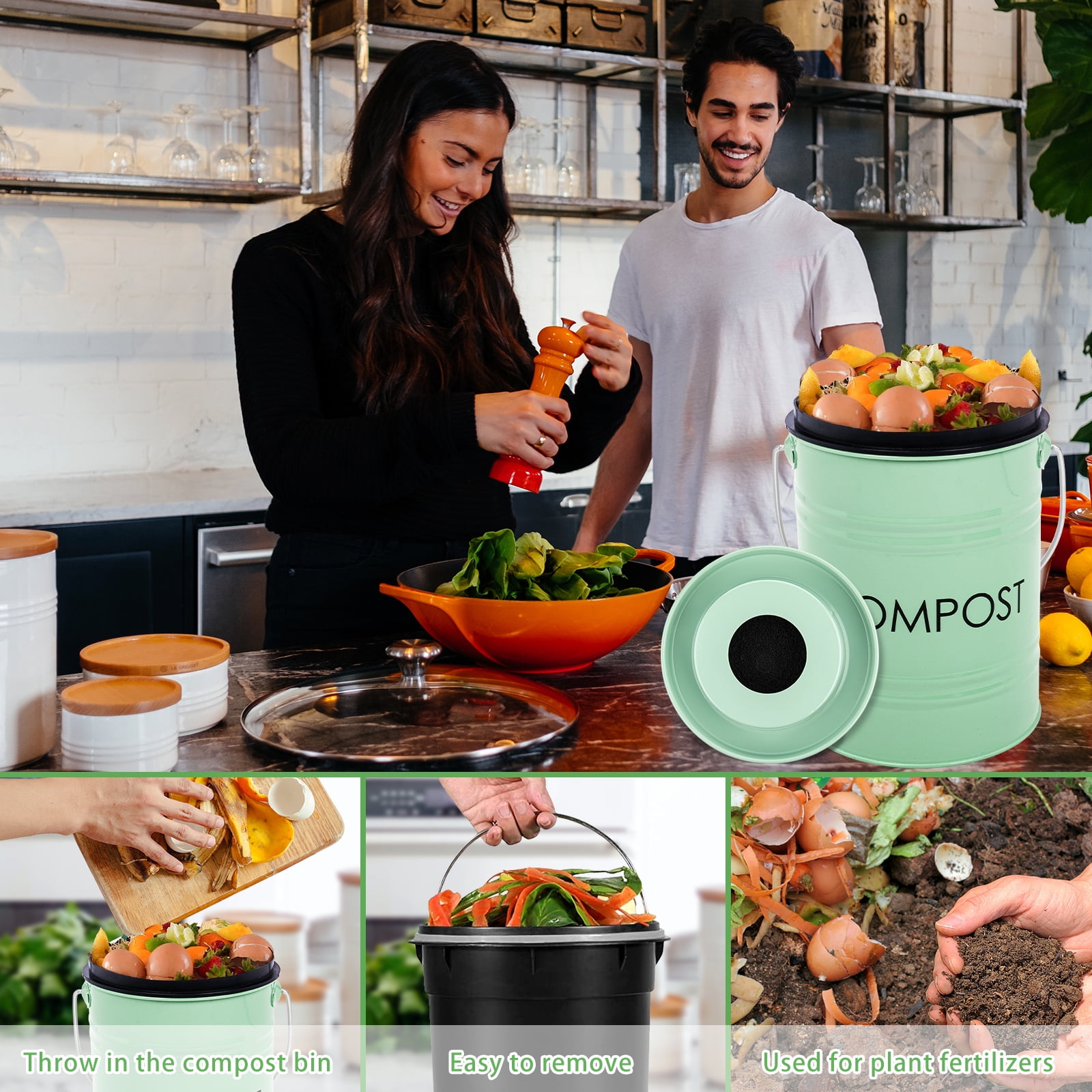 Vipush Compost Bin Kitchen Counter, Durmmur 1.0 Gallon Indoor Kitchen Compost Bin, Energetic Green Countertop Compost Bin with Lid Sealed for Waste Food Compost Bucket