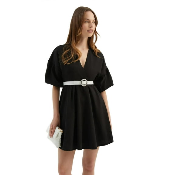 V Neck Puff Sleeves Mini Dress with a Belt Detail