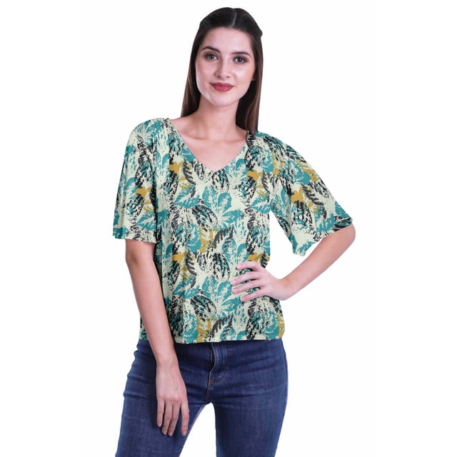 Moomaya Blouse d'Été Boho à Manches Courtes en Rayonne Imprimée pour Femmes