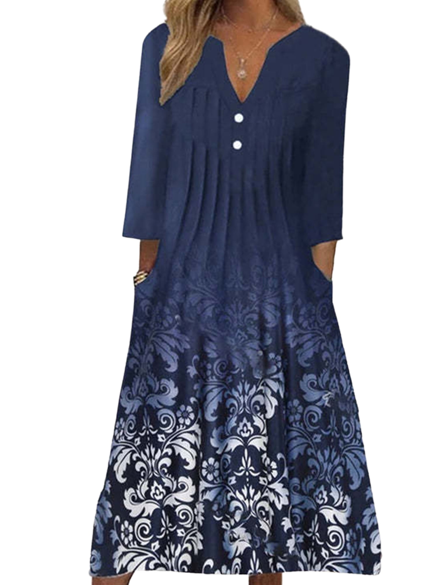 Floral V-Neck Sleeveless Midi Dress with Pockets