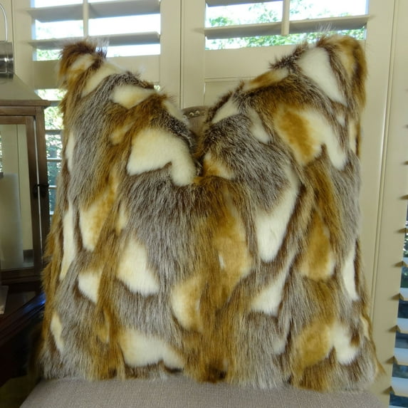 Thomas Collection Light Brown Gold White Luxury Rabbit Faux Fur Pillow - 17403