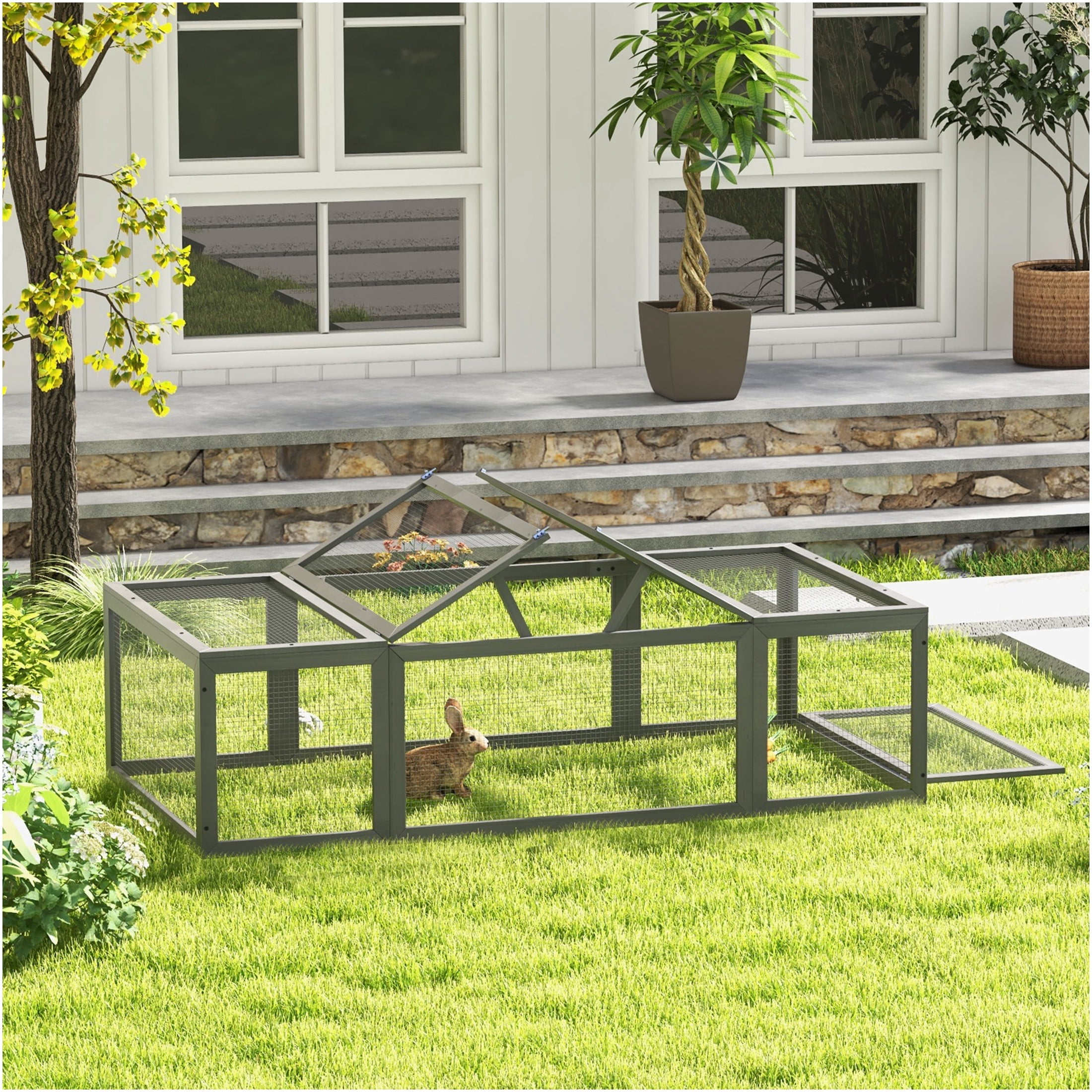JERFIT Large Outdoor Rabbit Hutch with Run, Wooden Bunny Cage with Lockable Doors, Weather-Resistant Gray Guinea Pig House for Small Animals