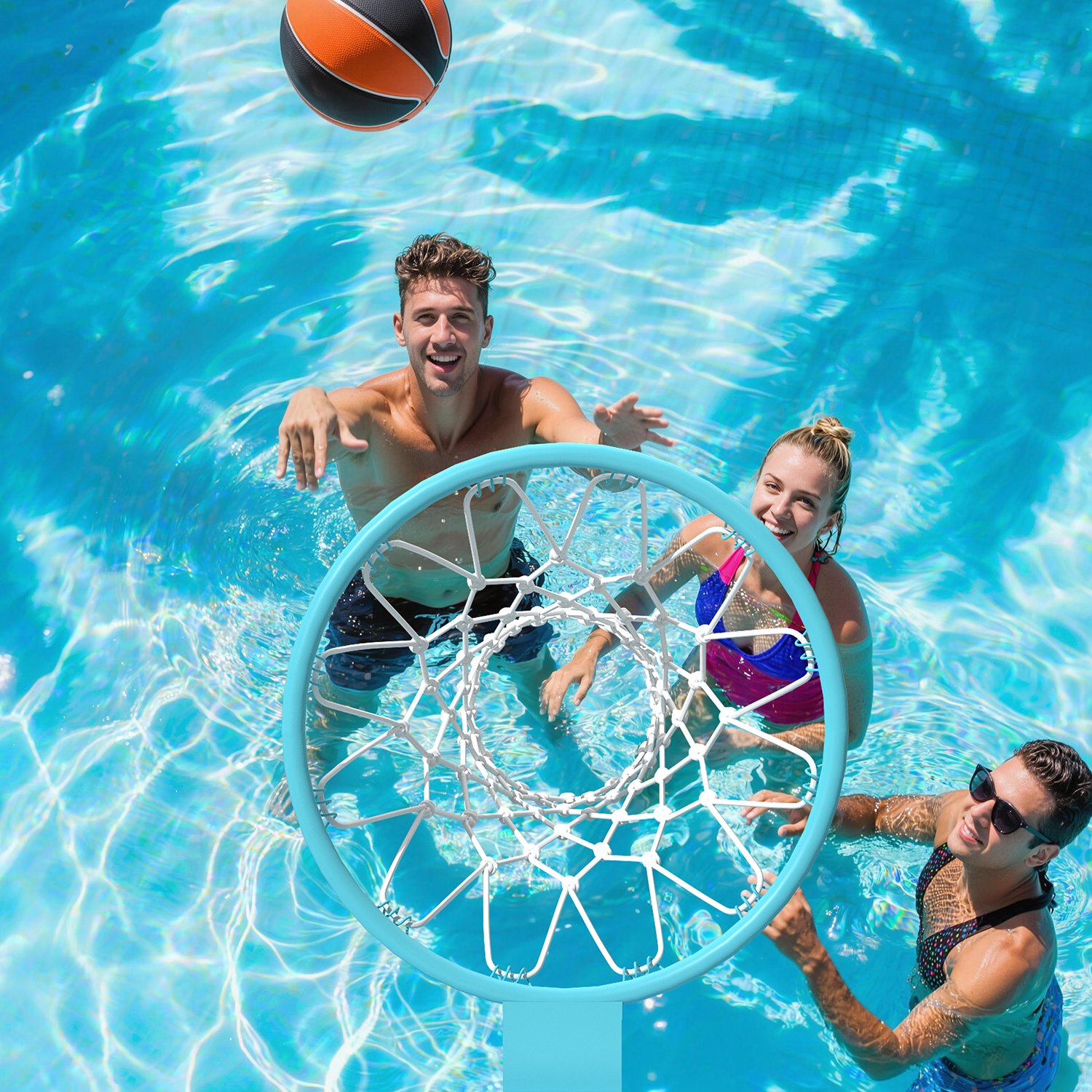 Bezliving 32“x23” Pool Basketball Hoop, 3.1FT-4.1FT Height Adjustable Poolside Basketball Hoop,Include Air Pump,Basketball, Made for Teens, Adults, Blue