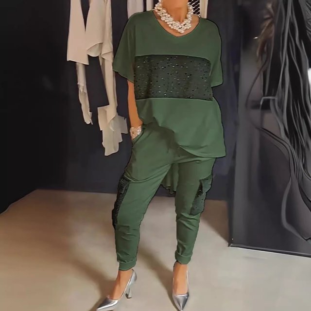 Tidyack,Sequin Patchwork Two-piece Set, Fashion Casual Top & Bottom, Solid Color, Short Sleeve, for Women, Street Style, Versatile Outfit, Polyester Blend, Summer Wear, Evening Occasions