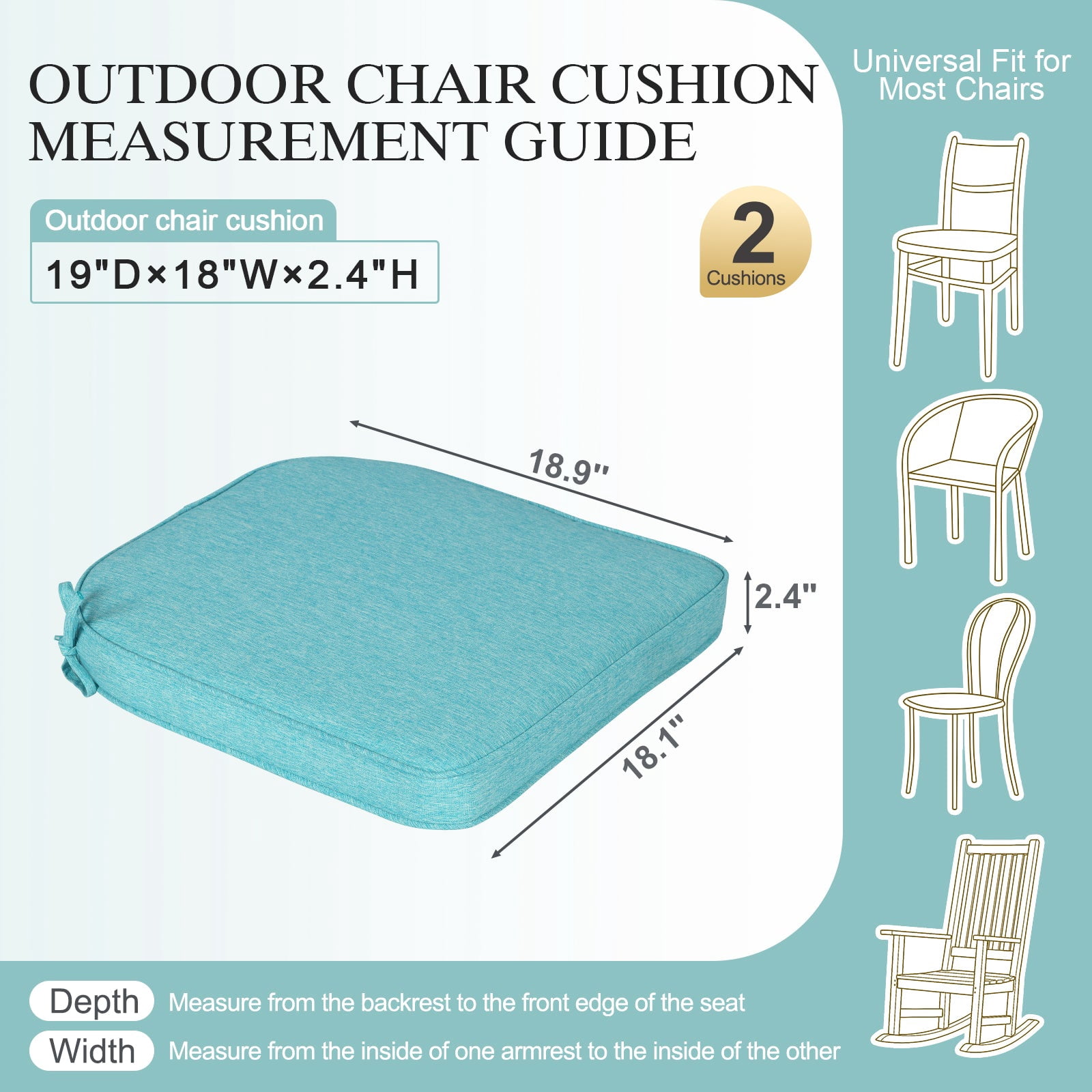 BPS 18" x 19" Outdoor Dining Chair Cushion, Water Resistant Patio Seat Cushion Pads with Ties, Set of 2 - Aruba Blue